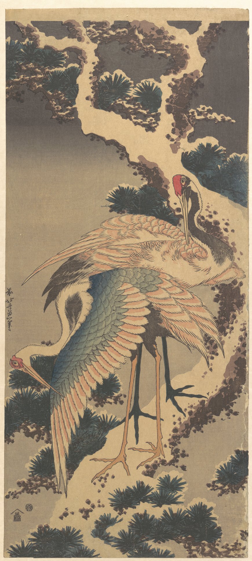 Póster de Katsushika Hokusai para salones: Cranes on Branch of Pine en formato pequeño