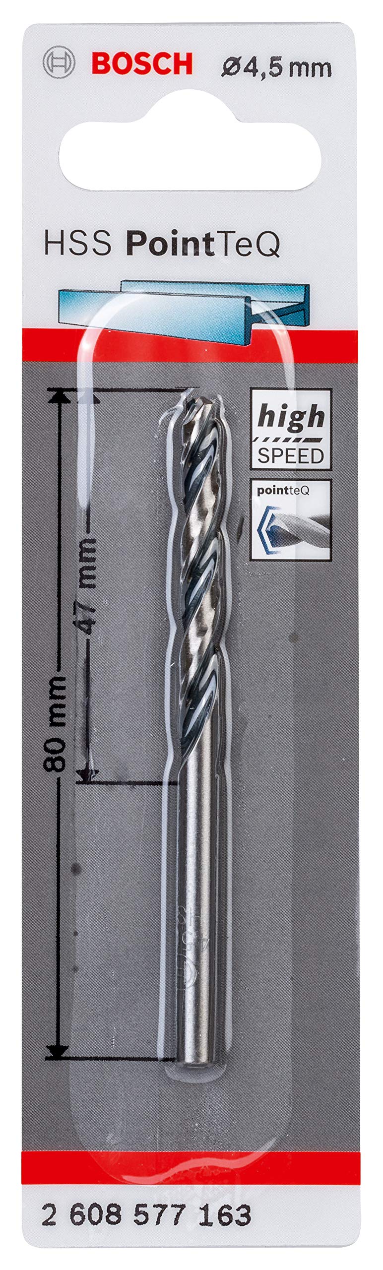 Bosch Professional 1x HSS Spiralbohrer PointTeQ (für Metall, 4,5 x 47 x 80 mm, Zubehör Bohrschrauber)