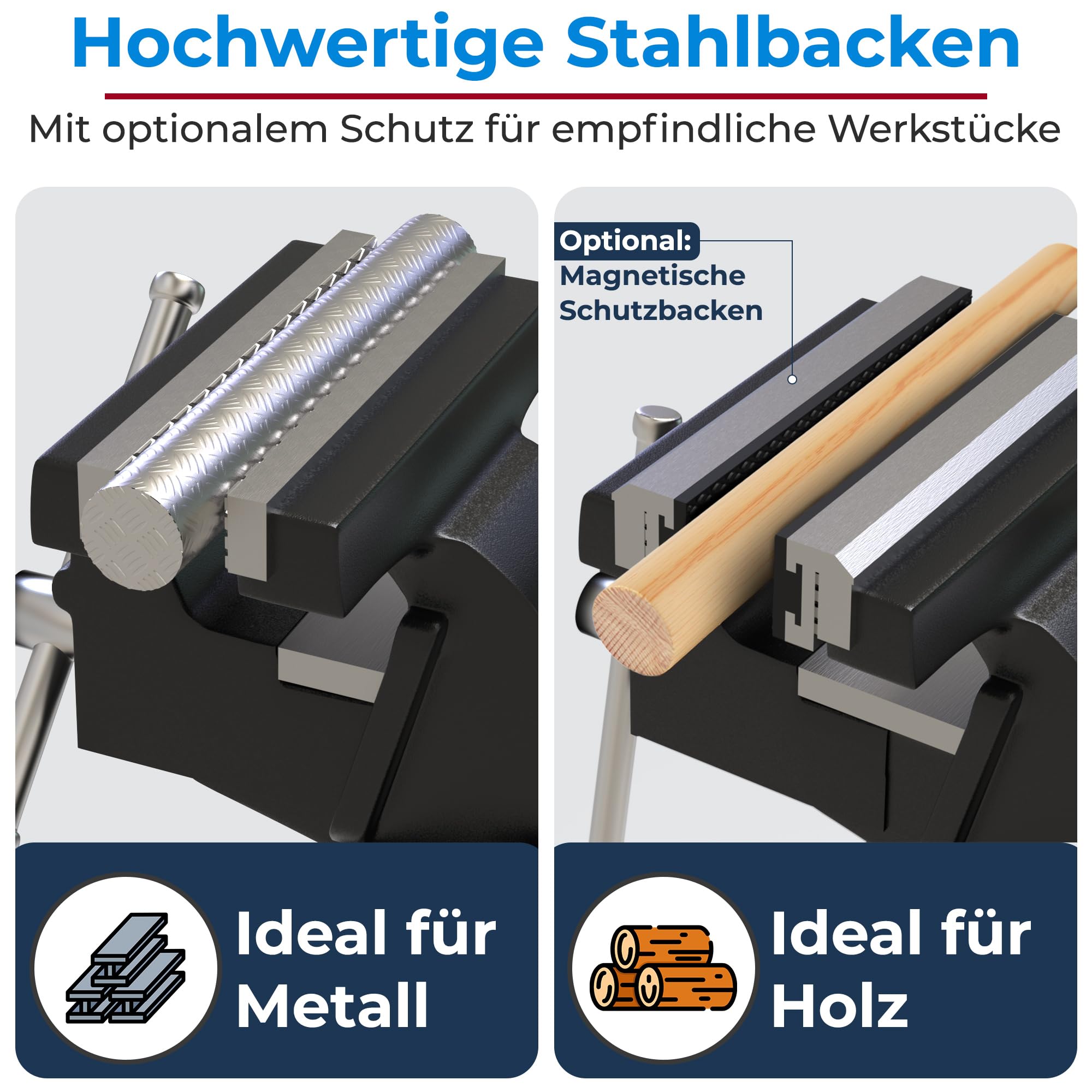 Profi Schraubstock 125mm aus Kugelgraphit-Gusseisen (Unzerbrechlich) | Inkl. 2 Gummi-Schutzbacken & Schrauben | 360° Drehbar mit Amboss | Robuster Werkstatt Parallelschraubstock