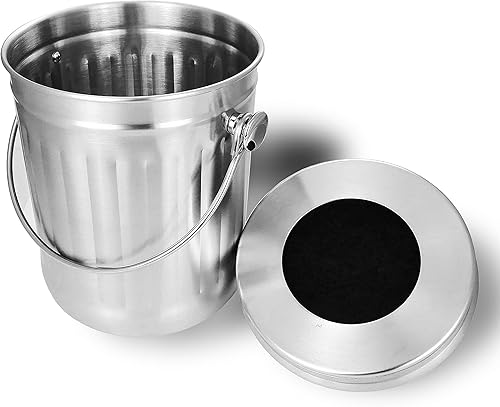 Miniatura 4 de NewlineNY - Cubo de compost de acero inoxidable para encimera de cocina, cubo de reciclaje de 1.3 galones con 2 filtros de carbón