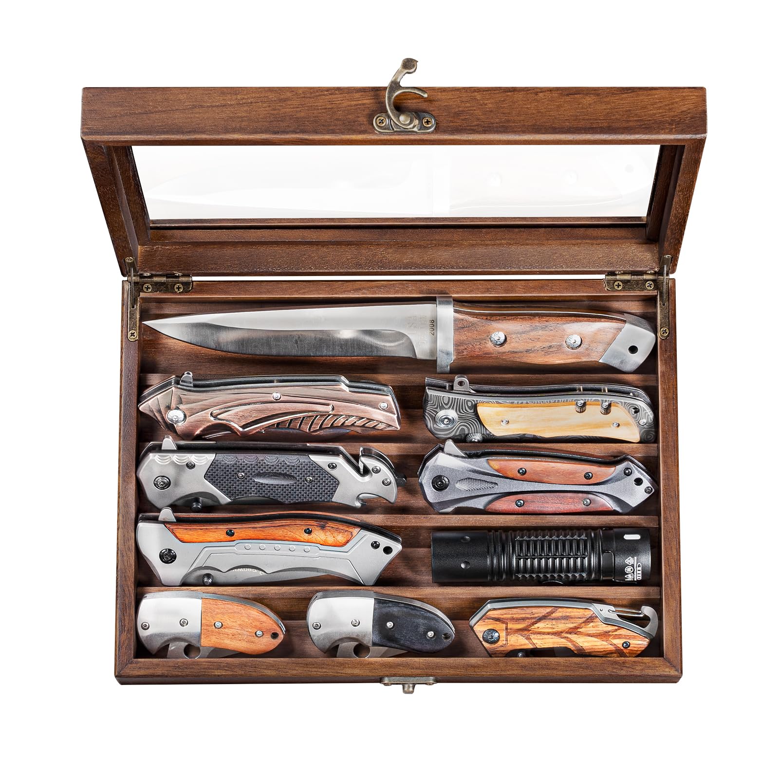 amoard Wooden Knife Display Case, Pocket Knife Organizer for Men's Collection & EDC Gear (Walnut, 1 Pack)