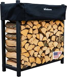 Woodhaven Black 4 Foot Heavy Duty Firewood Storage Log Rack with Seasoning Cover Set