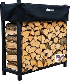 Woodhaven Black 4 Foot - Heavy Duty Made In USA - Indoor Outdoor - 1/4 Cord Firewood Storage Log Rack With Seasoning Cover Combo Set - Metal Log Storage - 48” x 48”