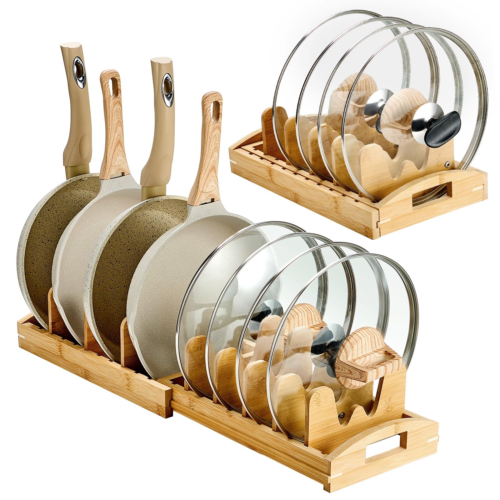 Teenyyou Pots and Pans Organizer Under Cabinet Bamboo Expandable Pot Lid Holder with 10 Adjustable Dividers Kitchen Cookware Rack Organizer for Bakeware Cutting Board Cookie Sheet Baking Pan Storage