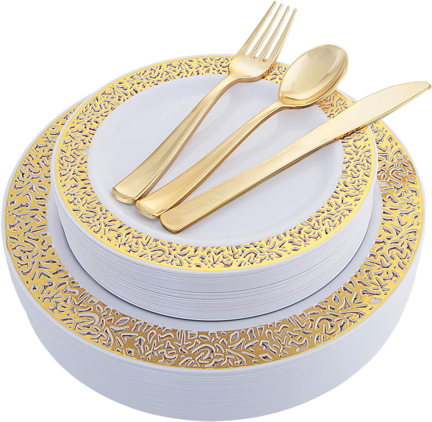 I00000 100 Pcs Gold Plastic Plates with Silverware, Gold