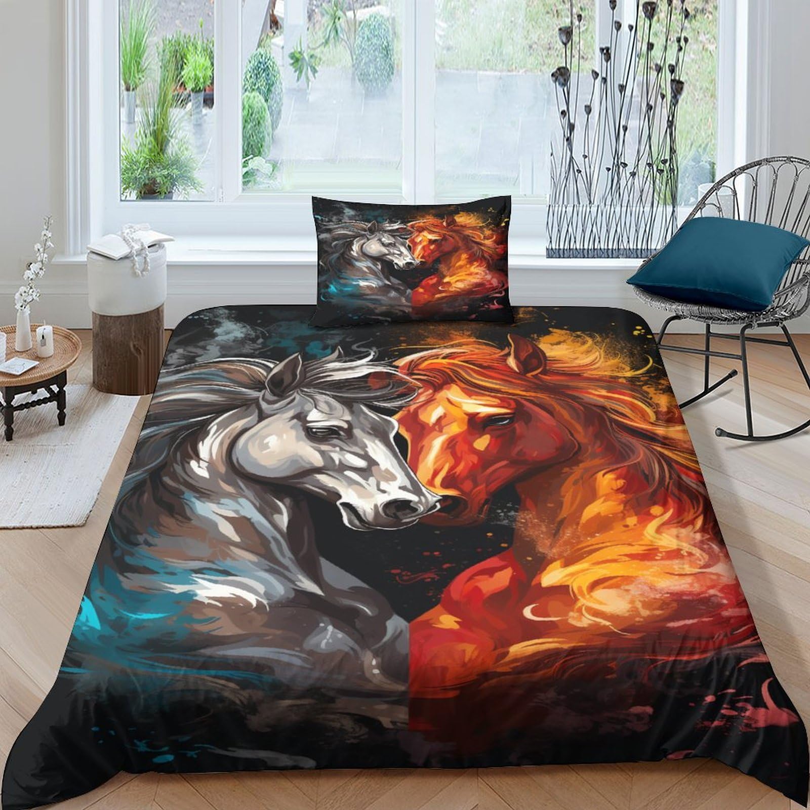 Housse de couette cheval d'encre parure de lit zippée facile à repasser
