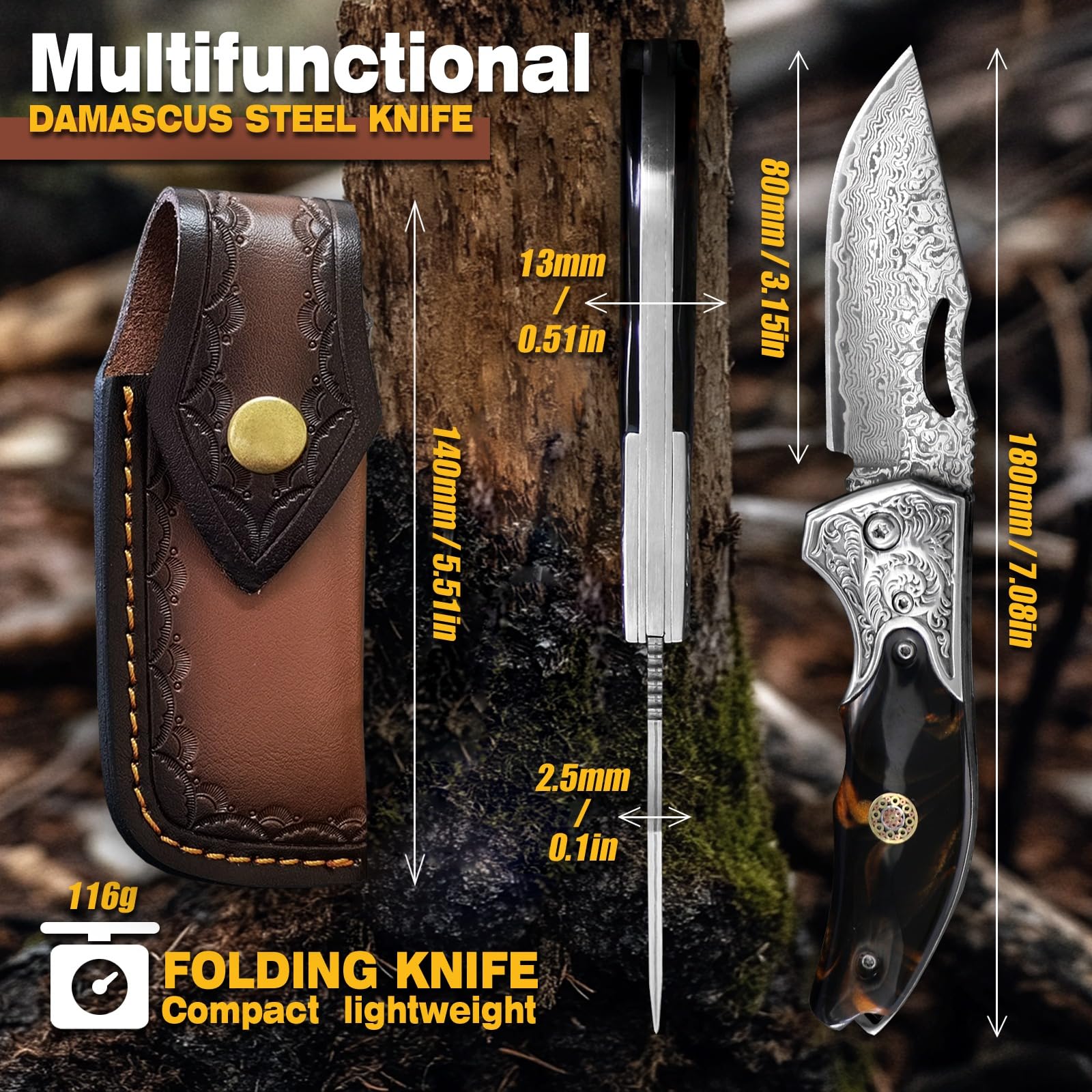 Damast Taschen Klappmesser Outdoor Messer Jagdmesser Survival Messer Bushcraft EDC Zweihandmesser Mit Harzgriff Gravur, Lederscheide Für Camping Wandern Angeln