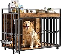 Vista 1 de Mueble de jaula para perros de 43 pulgadas, perrera resistente con 3 puertas, 2 cuencos ajustables y ruedas con cerradura, casa de madera