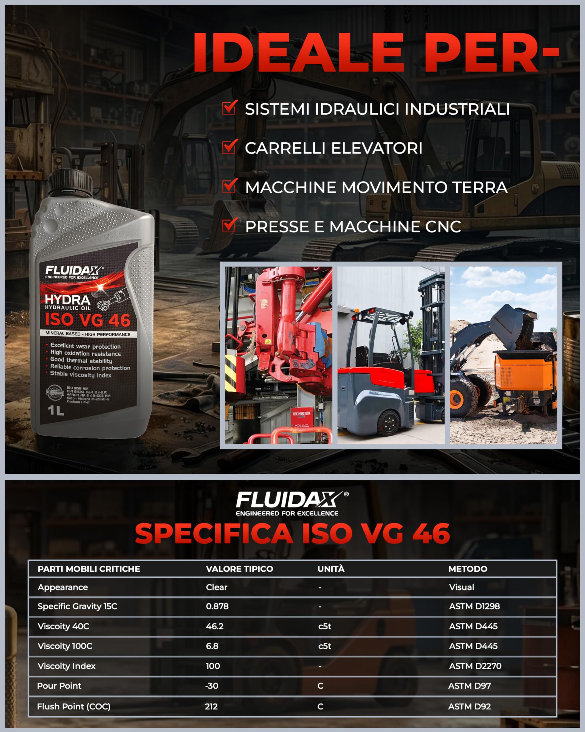 FLUIDAX 1 Litro Olio idraulico ISO VG 46 HLP per Impianti Idraulici, Lubrificante Minerale Antiusura, Antiruggine, Antischiuma, Elevato indice di Viscosità HLP - DIN 51524-51525 - ISO HM - 5
