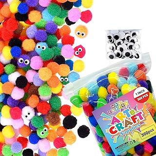400 Pcs - 1 inch 300 Multicolored Large Pom Poms Arts and Crafts with 100 Googly Eyes - Pompoms for Crafts & DIY Projects
