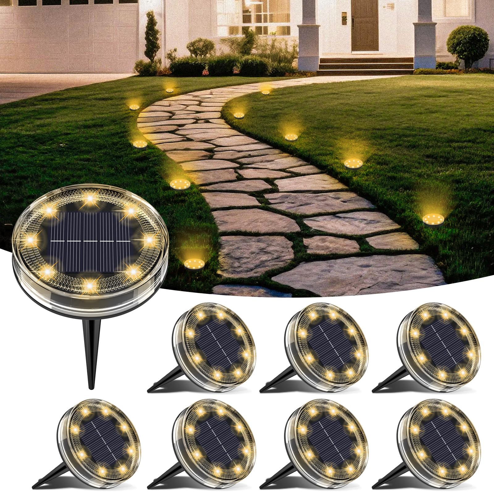 LOTMOS 6 Paquetes Luces Solares LED Exterior Jardin Suelo, 8 LED Impermeable Luz Solar Exterior Jardín, Lamparas Solares Suelo Camino, Terraza, Patio, Césped, Blanco Cálido — view 12