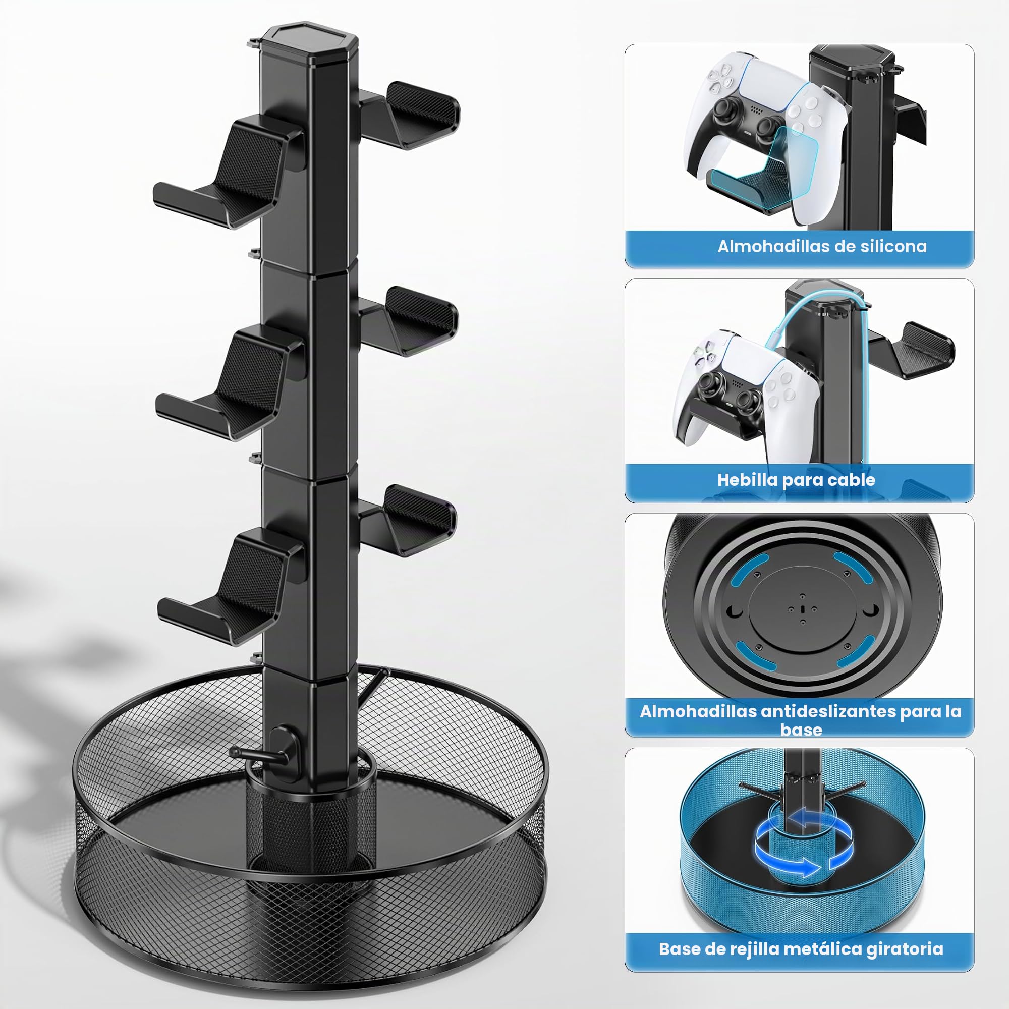 Kosker Soporte para Mando Mesa de Gran Capacidad con Cesta Giratoria, Universal Soporte Auriculares y Mando para PS5/PS4/Xbox/Switch/PC Accesorio, Colgador Cascos con Organizador de Cable, 4 Niveles