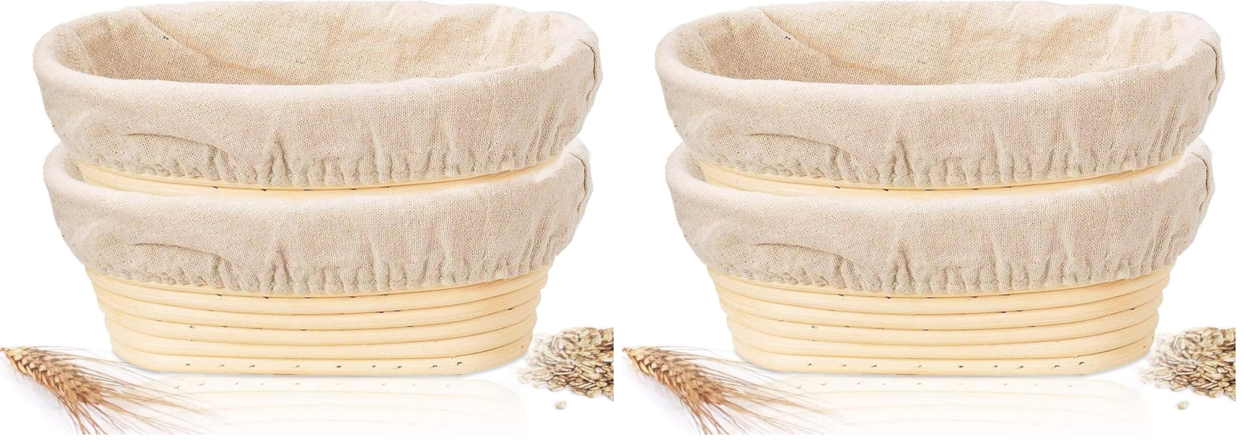 Banneton, 2 cestini per lievitazione del pane, 25 cm, ovali, con fodera in tessuto di lino, per panettieri artigianali e professionisti (Confezione da 2)