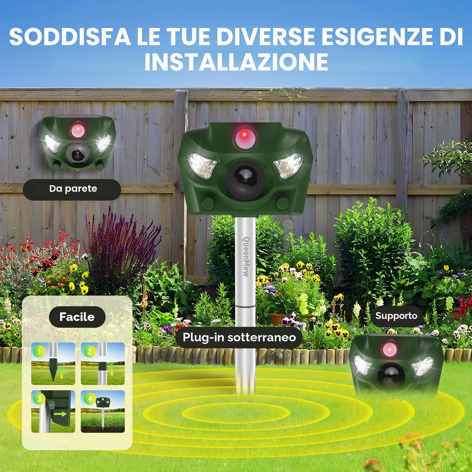 Repellente per Gatti per Giardini, 5 Modalità Repellente Gatti Ultrasuoni Solare, 26 Piedi Dissuasore per Gatti con Allarme e Luce Flash per Cani, Cervi, Volpi, Conigli, Scoiattoli, Uccelli