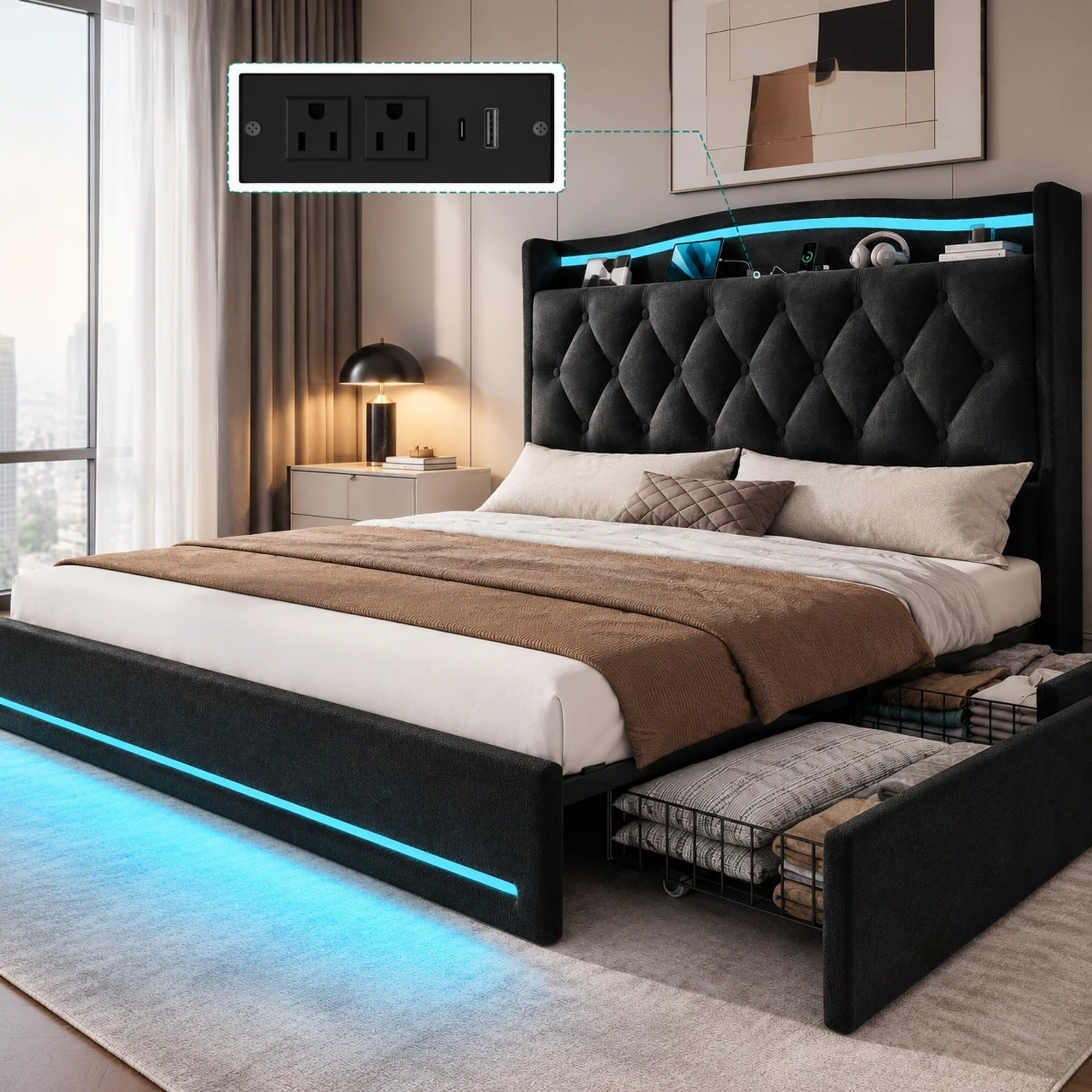 View 1 of (missing (bottom base only) out of box) YITAHOME Queen Bed Frame with Power Hub, RGB Lights