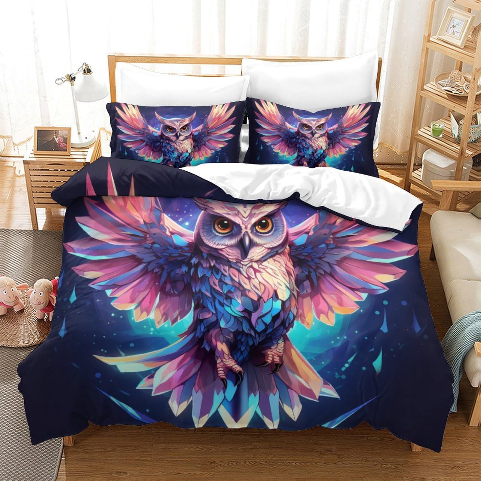 Housse de couette en 3D chouette super king 260x220cm avec 2 taies d'oreiller