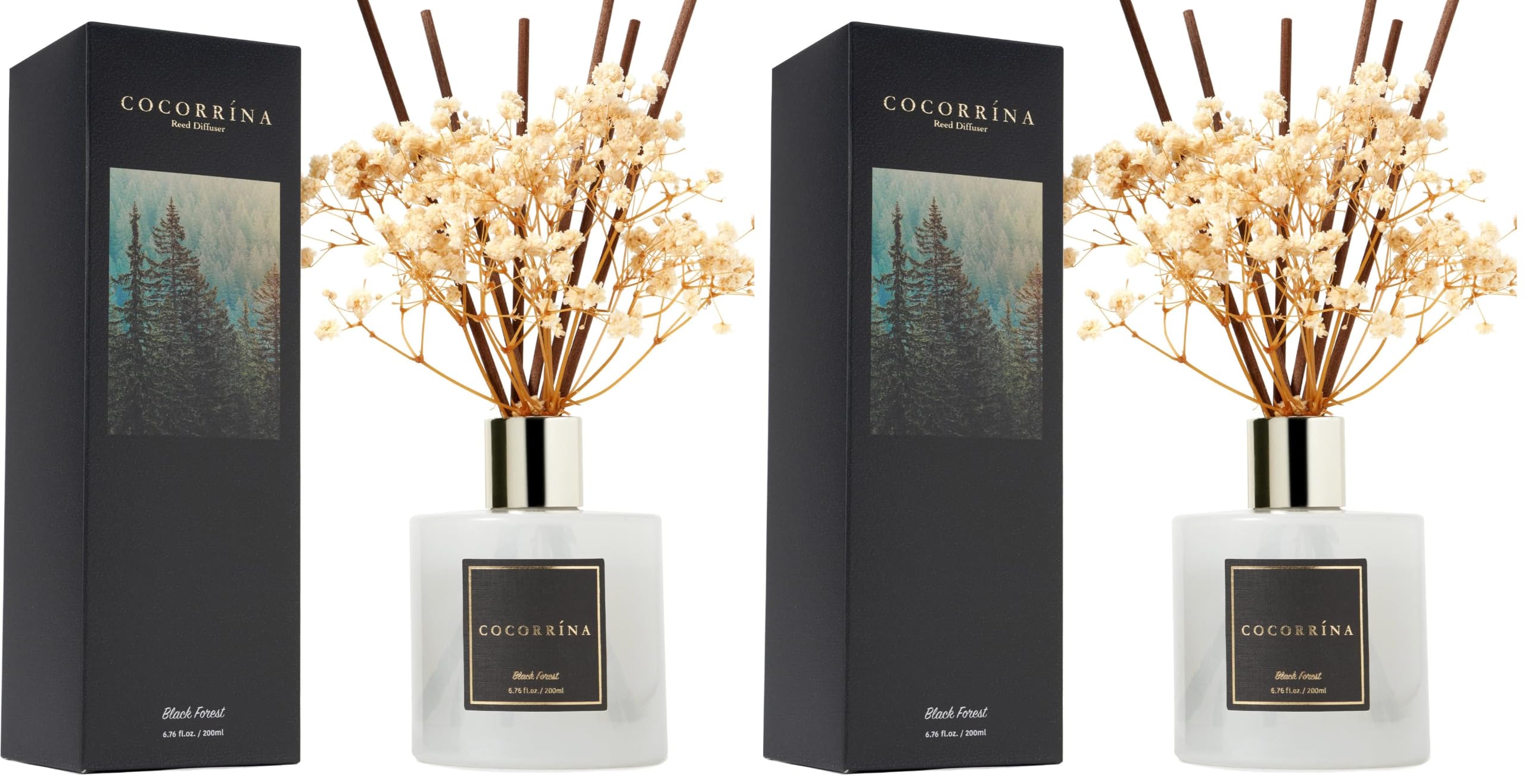 Cocorrína Reed Diffuser Sets, 6.7 fl oz. Black Forest Diffuser with Sticks Home Fragrance Reed Diffuser for Bathroom Shelf Decor (Pack of 2)
