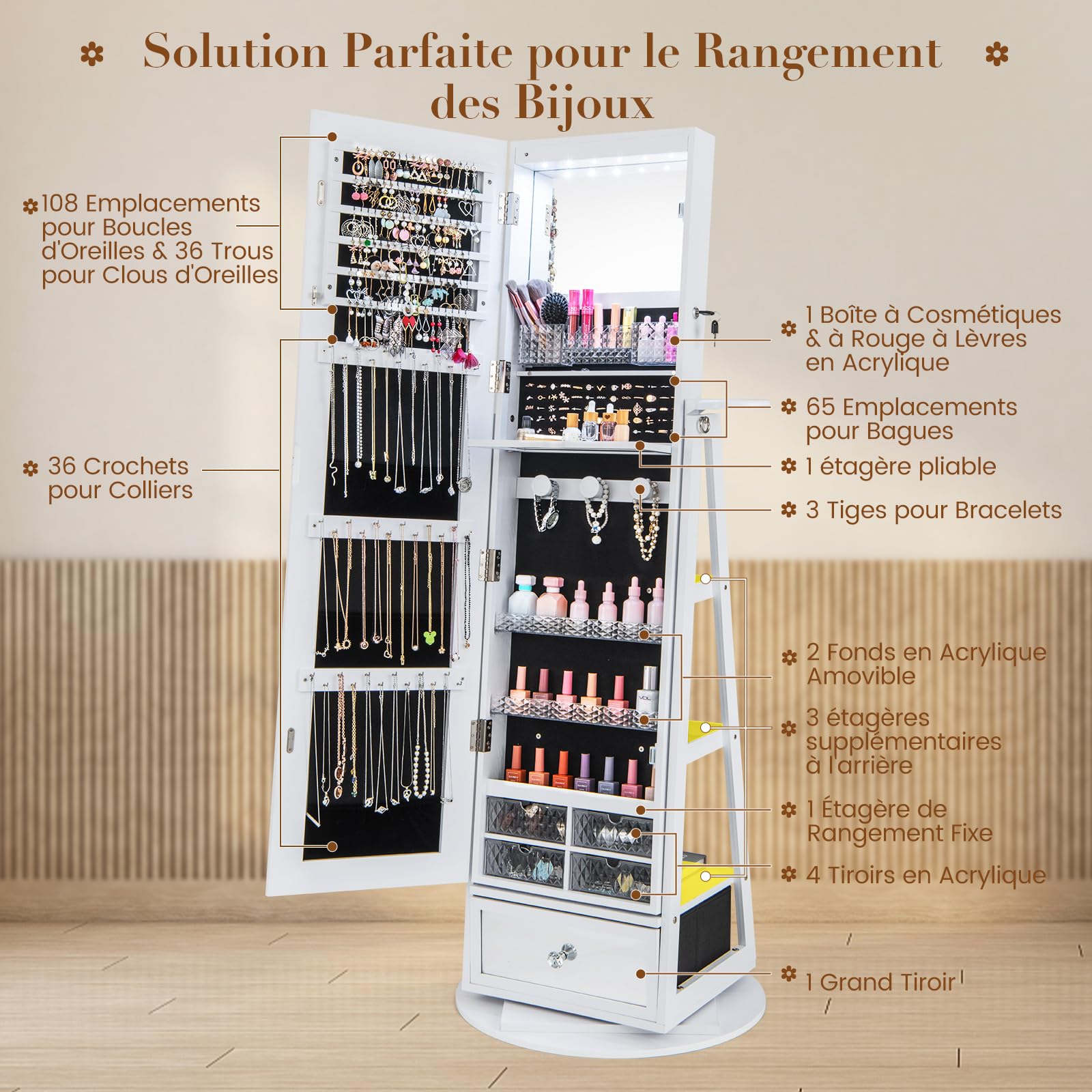 COSTWAY Armoire à Bijoux avec Miroir sur Pieds, Pivotant 360°, Lumières LED, Miroir Psyché sans Cadre, Verrouillable, Support pour Sèche-Cheveux, Étagères à l’Arrière, Grand Tiroir, Blanc