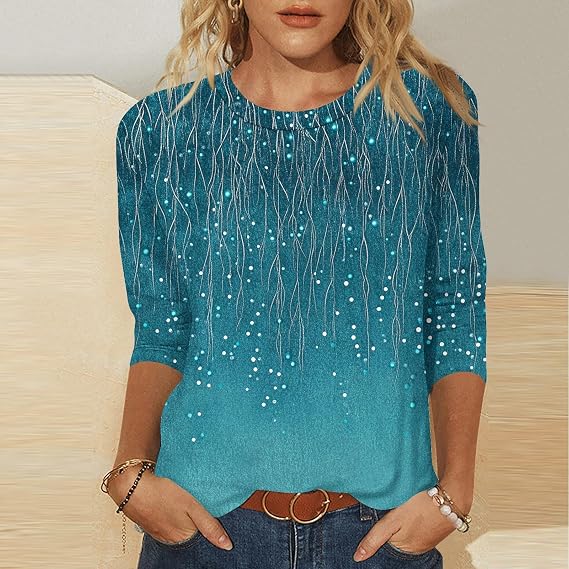 Blouses for Women Dressy Casual 3/4 Sleeve Printed Crewneck Tunic Shirts Loose Comfy Three Quarter Sleeve Blouses