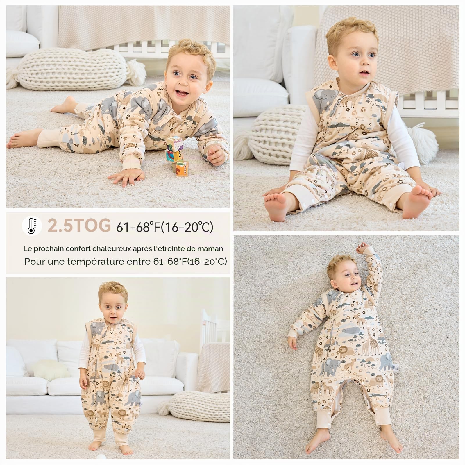 Unnivoll Gigoteuse Hiver 3-4 Ans, Gigoteuse à Pieds et Manches Amovibles, Tog 2.5 Turbulette Hiver pour Bébé, Tissu 100% Coton Super Doux et Chaud Fille Garçon 90cm Beige Zèbre