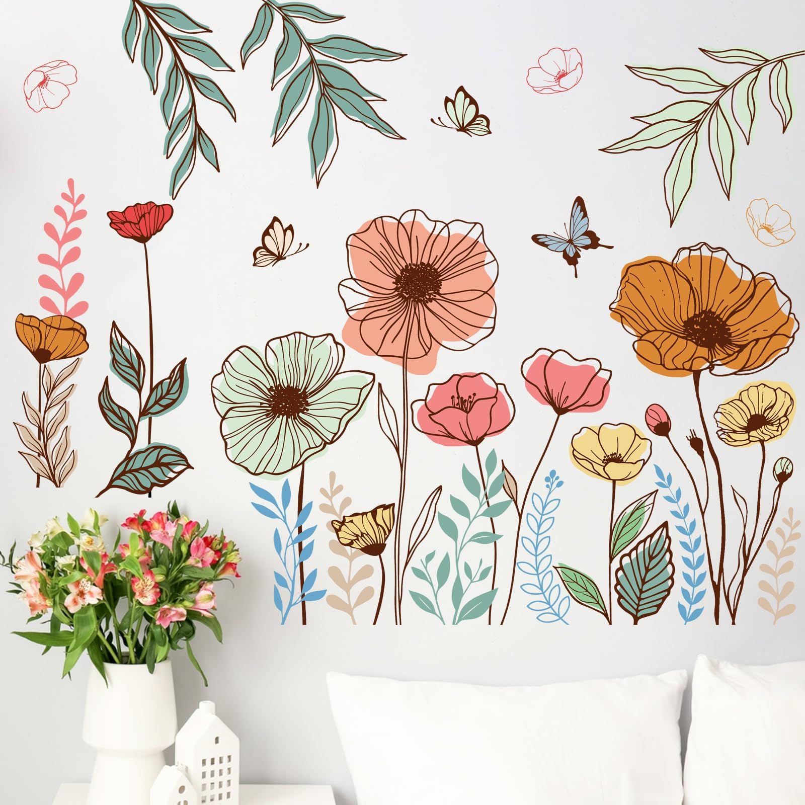 Mfault Boho Watercolor Poppy Flower Wall Decals Stickers, Spring Summer Floral Plants Botanical Decorations Bedroom Art, Leaves Butterfly Home Living Room Kitchen Decor