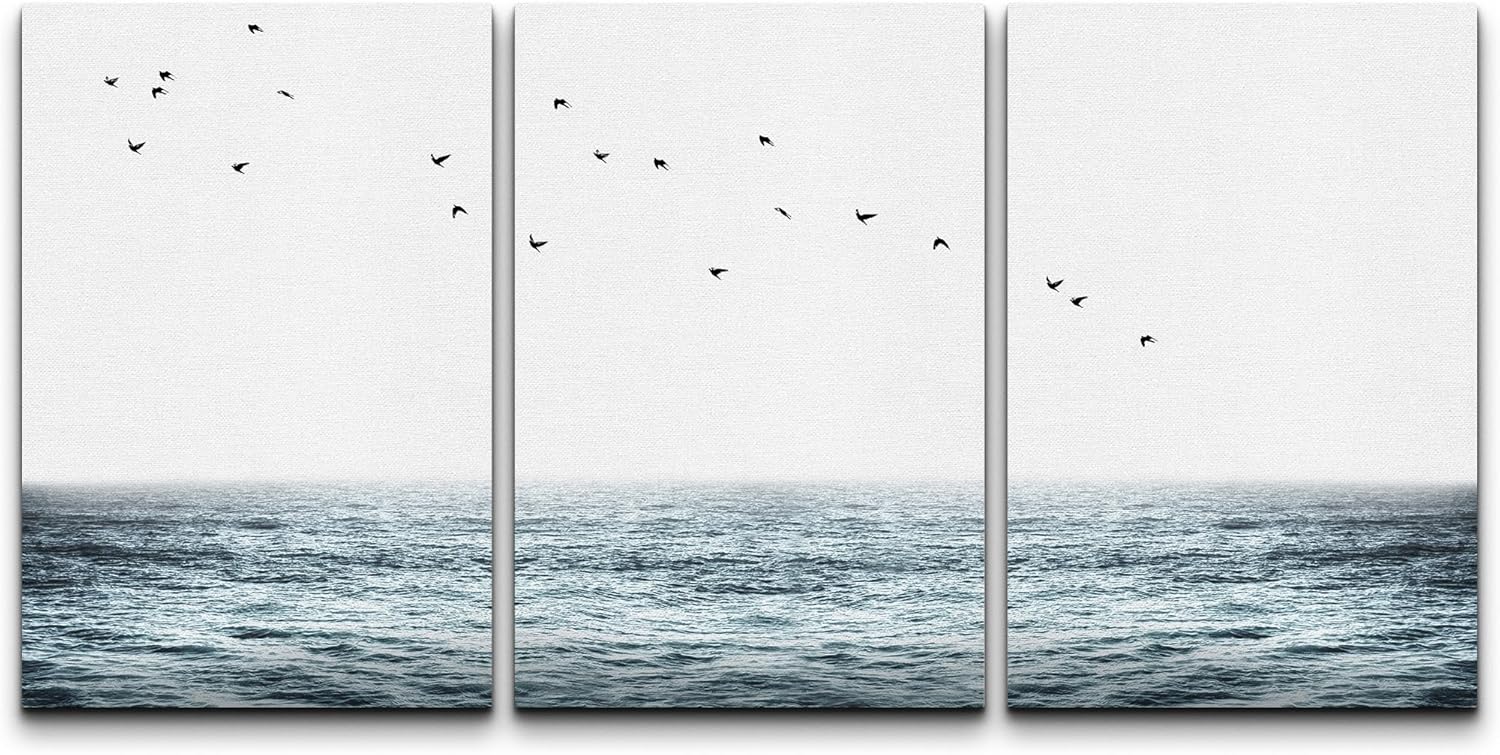 NWT Canvas Print Wall Art Set Birds Fly Over Ocean Landscape Coastal Decor Nature Wilderness Illustrations Modern Art Decorative Minimalist Animals Fine Art for Bedroom - 16"x24" x 3