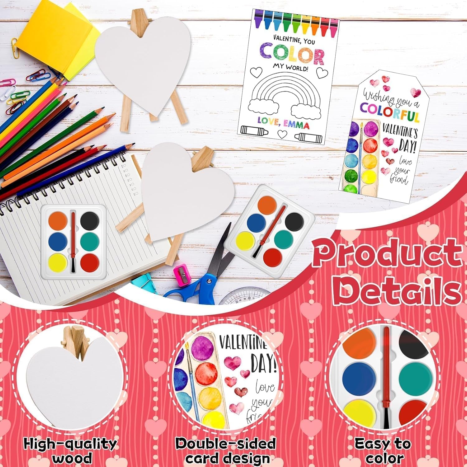 Gosodeny 24 Sets Mini Painting Set, Watercolor Paint Set Heart Shape Canvas Wooden Easel Watercolor Paint Painting Brush Kit Rainbow Cards Valentine's Rewards, Gifts,Carnival Prizes