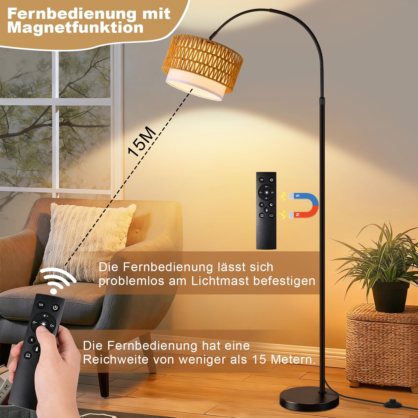 Boho Stehlampe Wohnzimmer Stehleuchte Rattan Bogenlampe Schwarz | Vintage Bogenleuchte Standlampe Bogen Wohnzimmerlampe stehend mit Fernbedienung Leselampe für Schlafzimmer Büro