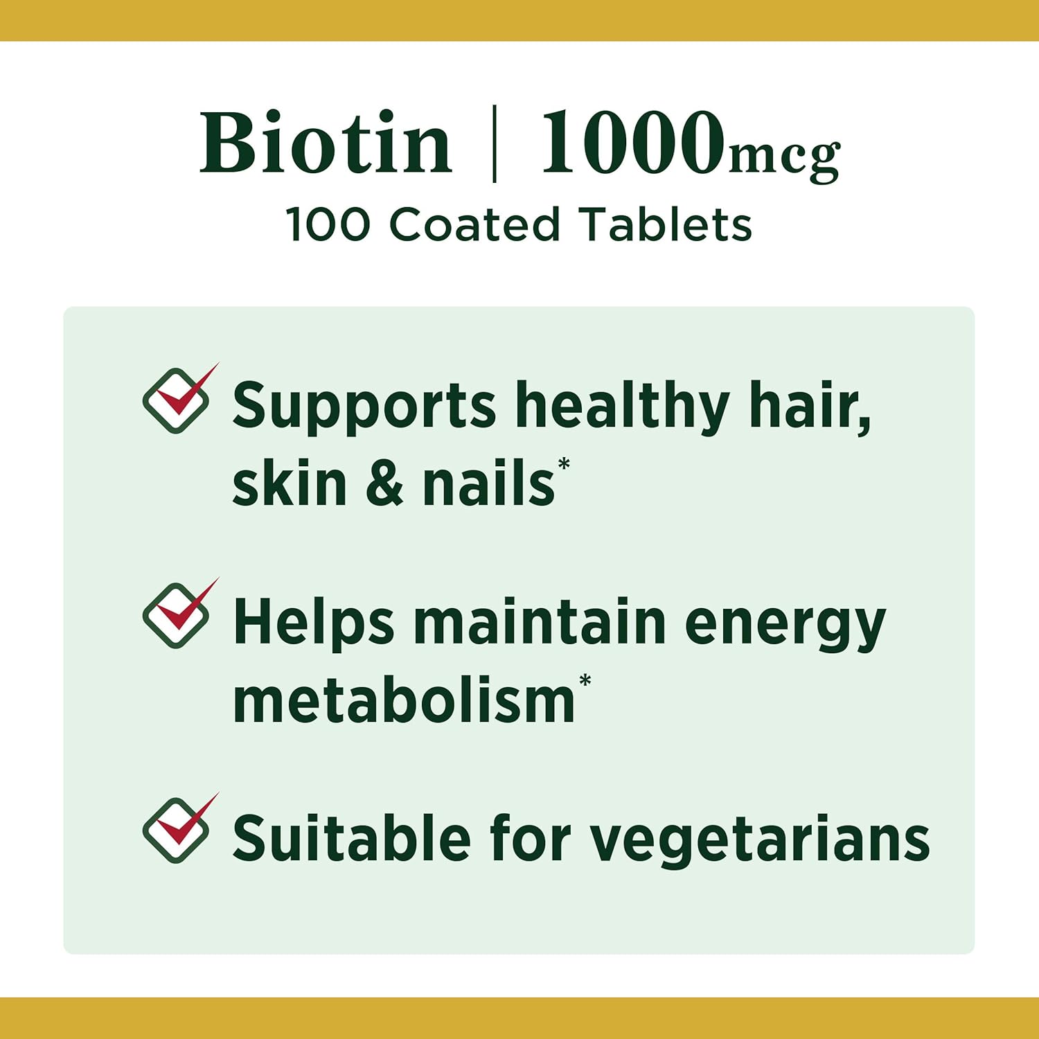 Nature's Bounty Biotin, Vitamin Supplement, Supports Metabolism for Cellular Energy and Healthy Hair, Skin, and Nails, 1000 mcg, 100 Tablets : Health & Household