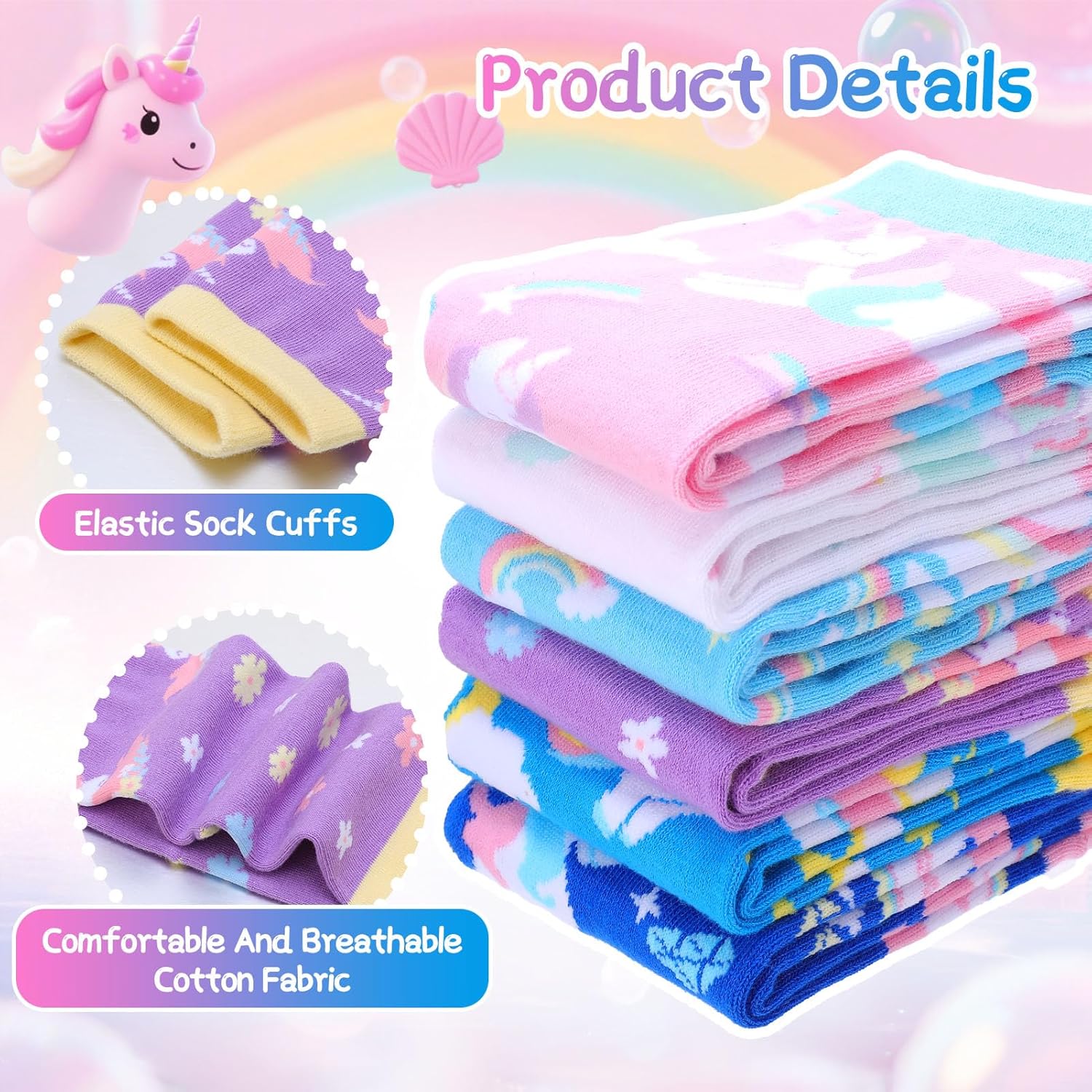 6 Pairs Girls Socks Cute Unicorn Colorful Rainbow Pattern Crew Funny Cotton Fashion Crazy Sock for Kids - Image 7