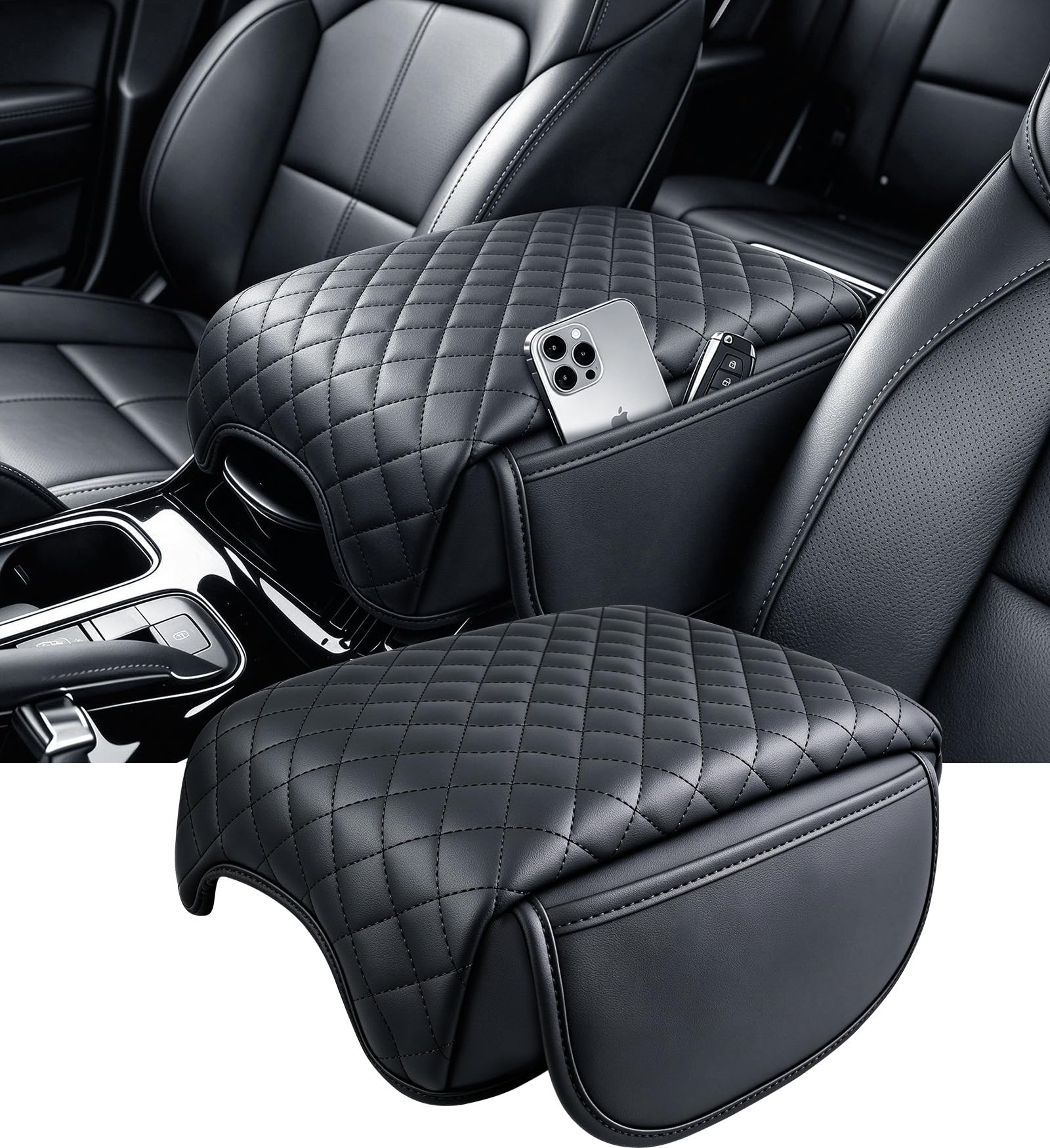 Center Console Cover for KIA Telluride 2026 2025 2024 2023 2022 2021 2020, 1.2-Inch Thick PU Leather Middle Armrest Cushion Protector Pad with 2 Side Pockets for 2020-2026 Telluride, Black