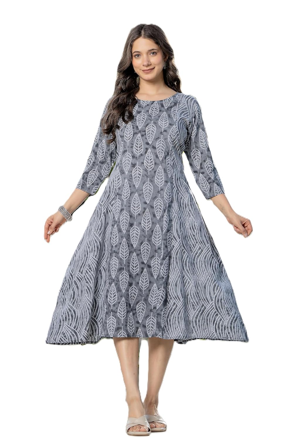 MASIYALA Printed Flared A-line Kurta for Women, Leaf Pattern