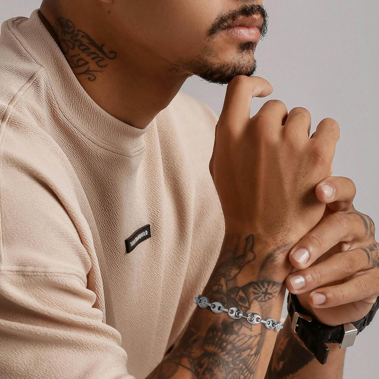 HZMAN Coffee Bean Bracelet for Men, 7mm Wide 8.5 Inch Stainless Steel Link Chain, Gift for Men, Gold, Silver, Two-Tone - Image 3