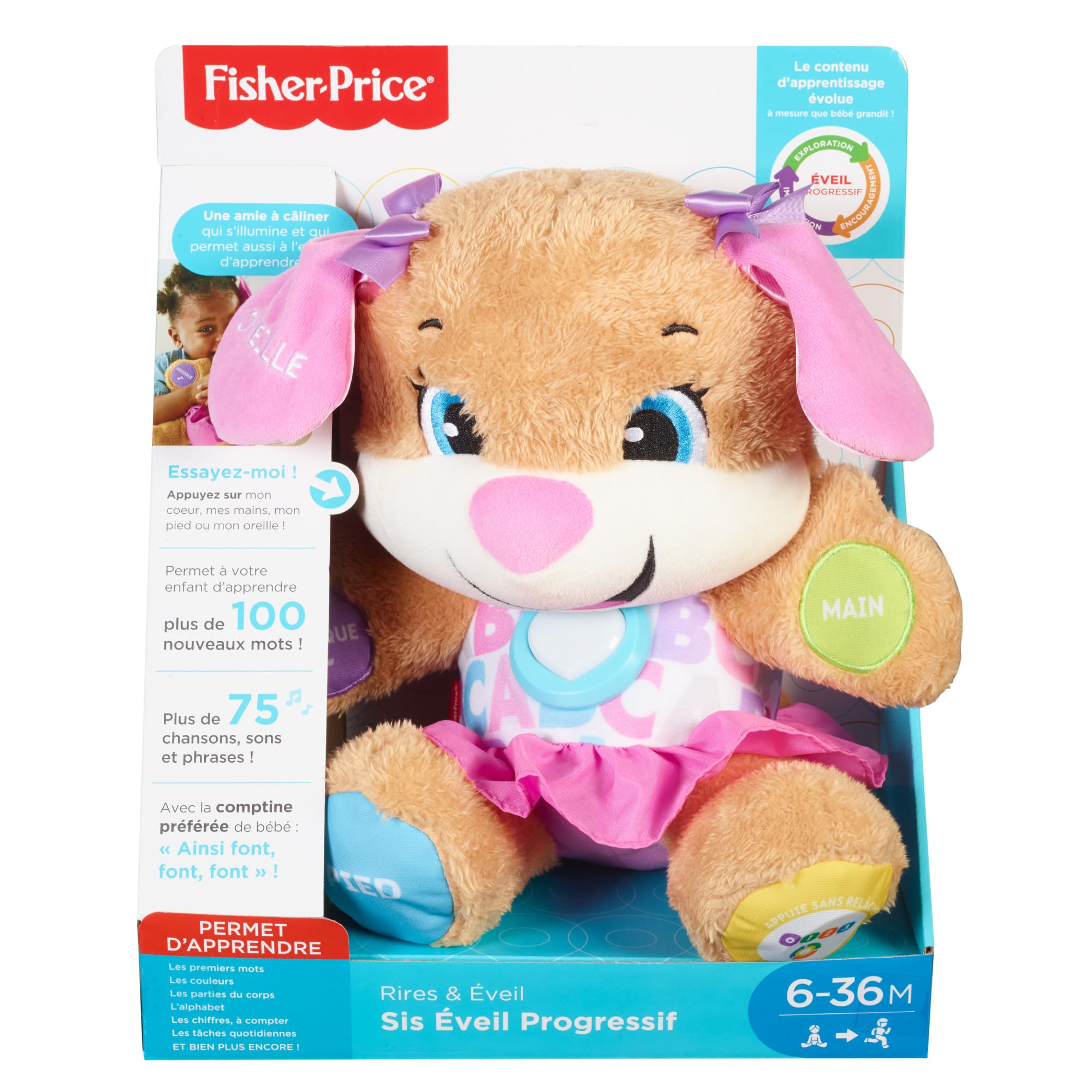 Fisher-Price Peluche Interactive Eveil Progressif Sœur de Puppy, 50+ Chansons, 3 Niveaux, Version Française, 6 Mois+, FPP52