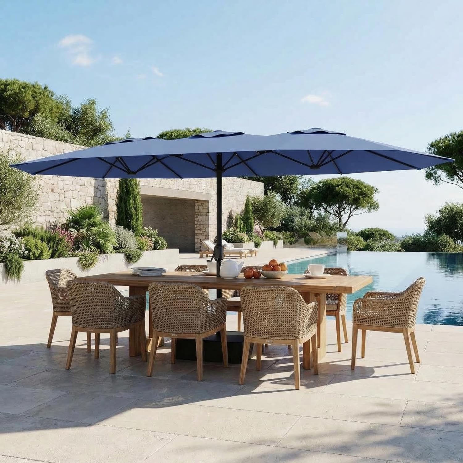 15ft Extra Large Patio Umbrella with Base Included – Double-Sided Outdoor Market Umbrella with Crank Lift, Waterproof & UV Protected for Garden, Pool & Deck