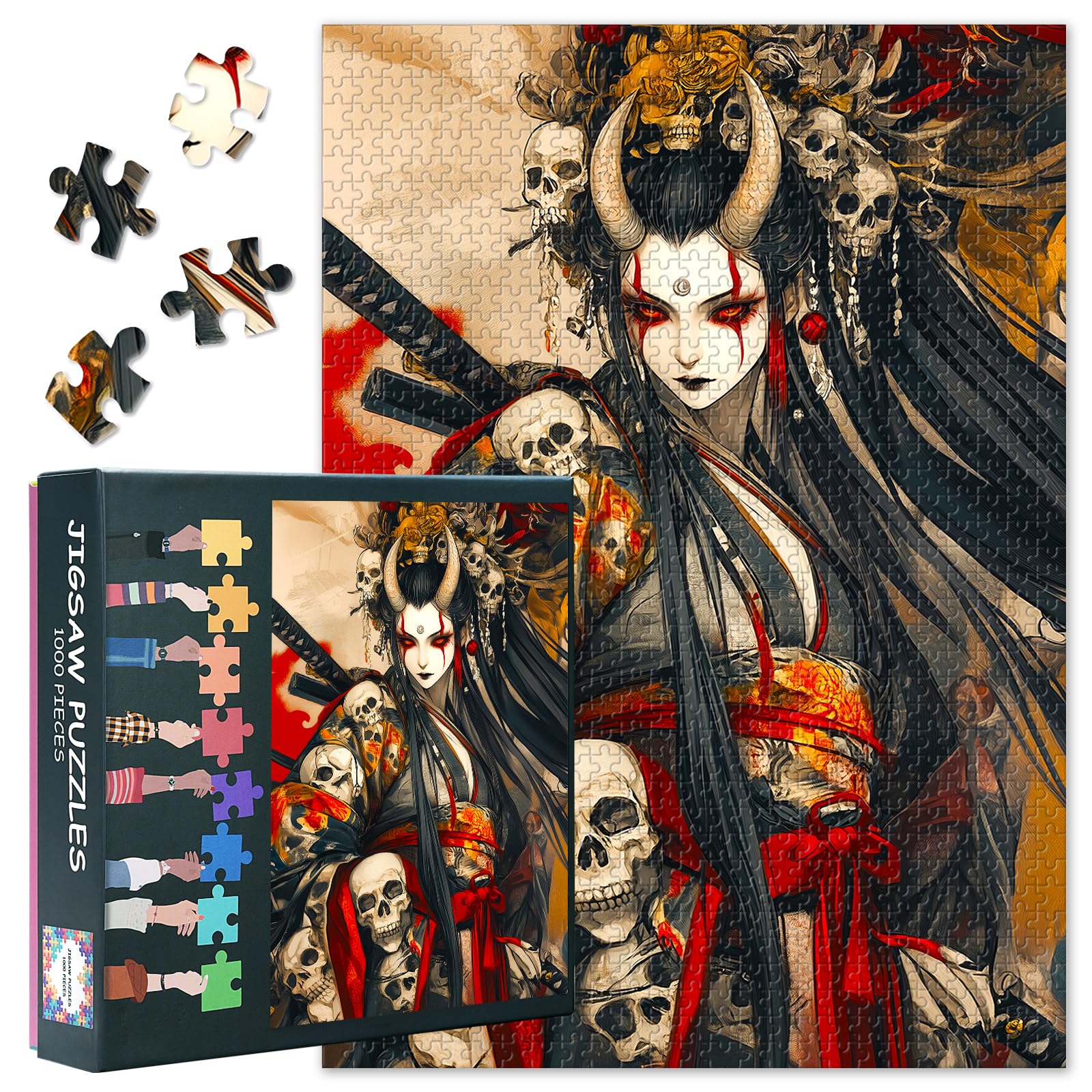 1000 Pieces for Adults Jigsaw Puzzles Skull and Girl Anime Style Female Warrior Puzzle Japanese Samurai and Monsters Challenge Impossible Puzzles for Adults Gift - 50x70 cm