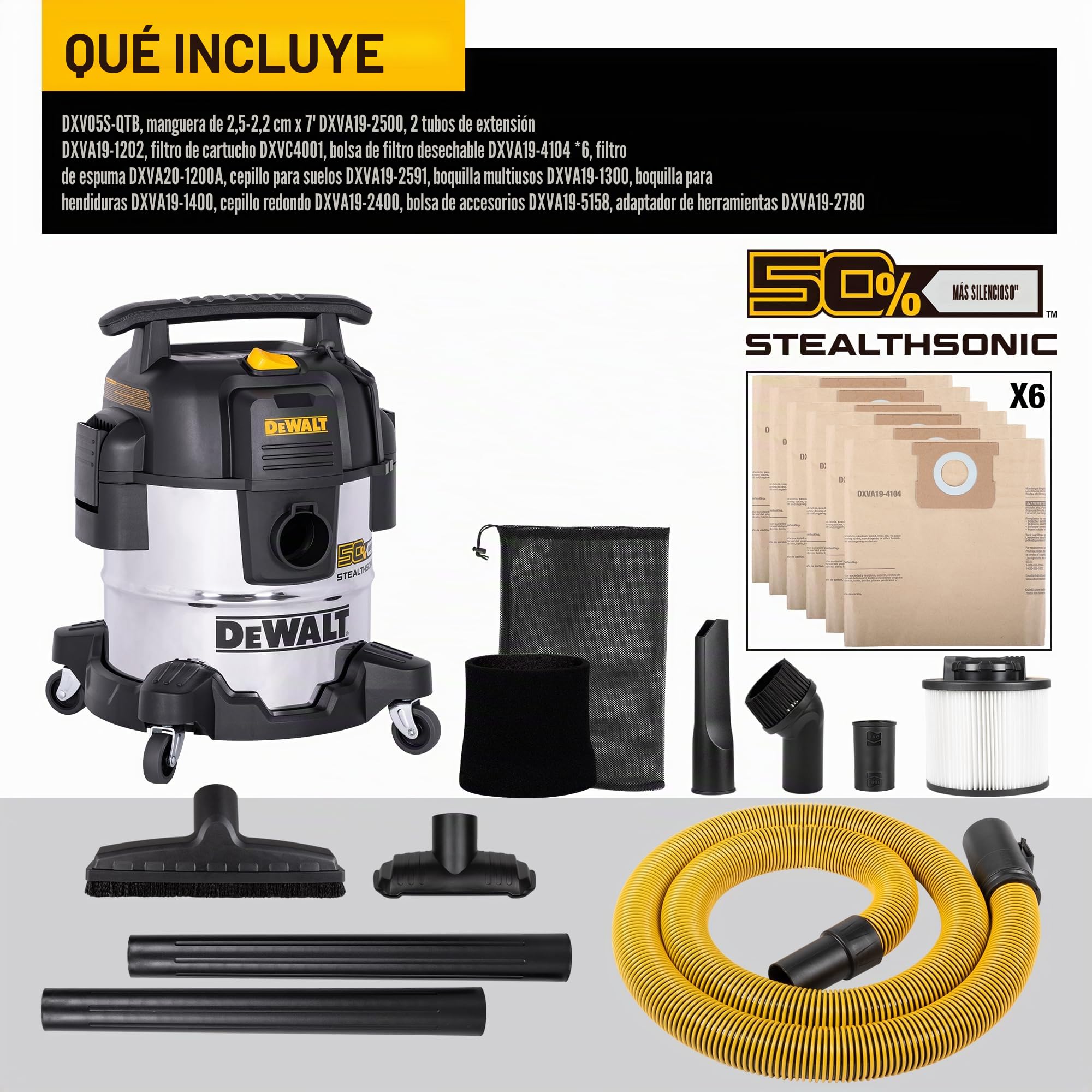 DEWALT STEALTHSONIC - Aspiradora para tienda en seco y húmedo DXV05S-QTB de 5 galones y 4 HP, ultra silenciosa, de acero inoxidable, con potente succión para garaje, lugar de trabajo y taller