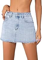 Feminino Saia Curta Jeans Casual Cintura Alta Bainha Crua Bolso Azul Claro G