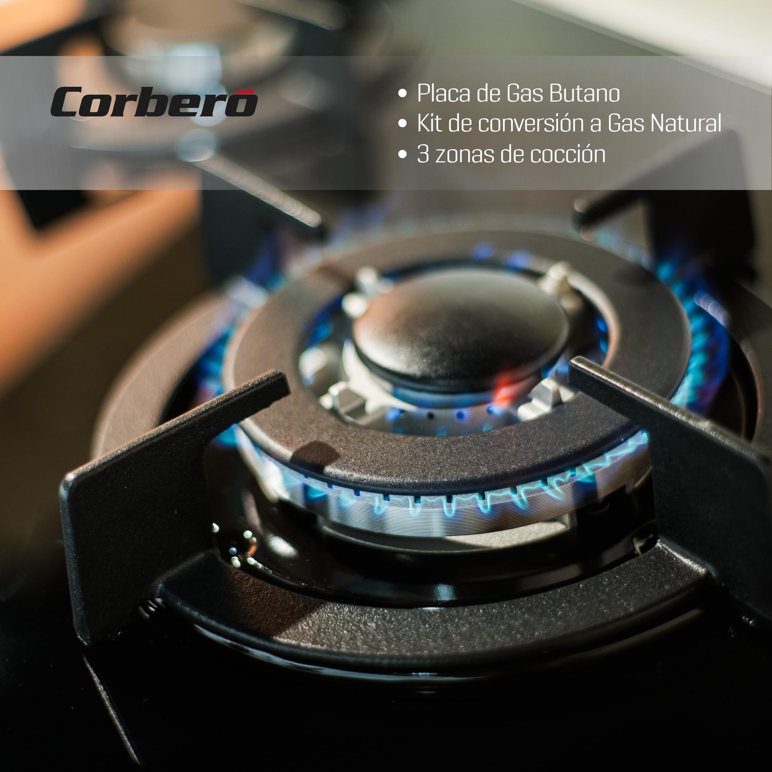 Corberó - Placa Cristal Gas butano |CPCGY2303N | 3 Fuegos | Potencia 7,75KW | Zona Wok | Sin Autoencendido | Desconexión Automática | Parrilla Hierro Fundido | Kit de conversión a gas natural | Negro — view 4