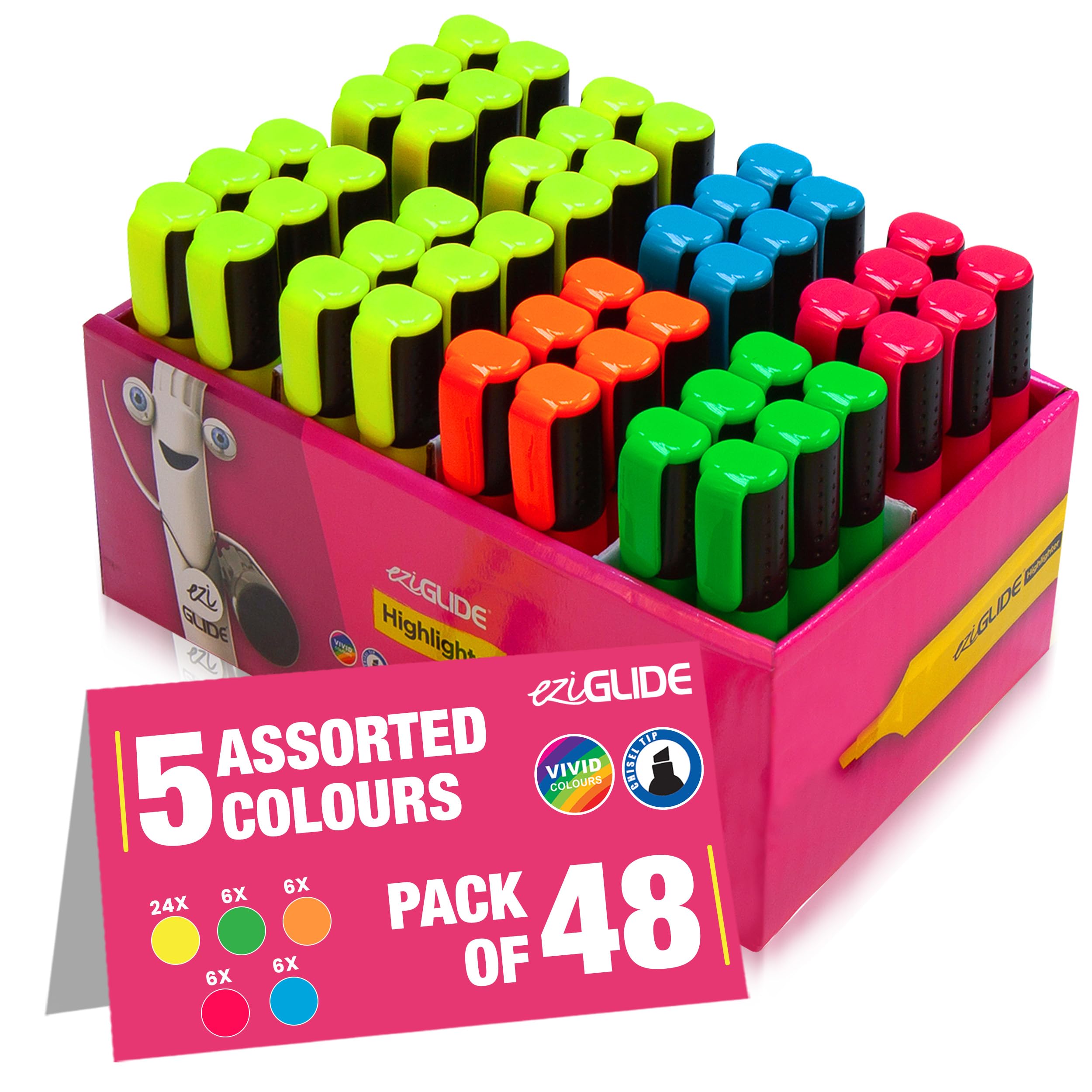 Eziglide Highlighters Pens 48-Pack, 5 Assorted Colours - Neon Assorted Chisel Tip Marker for Bold & Fine Marking, 1-4.5mm Line for Clear Marking, Ideal for Schools, Universities, & Offices