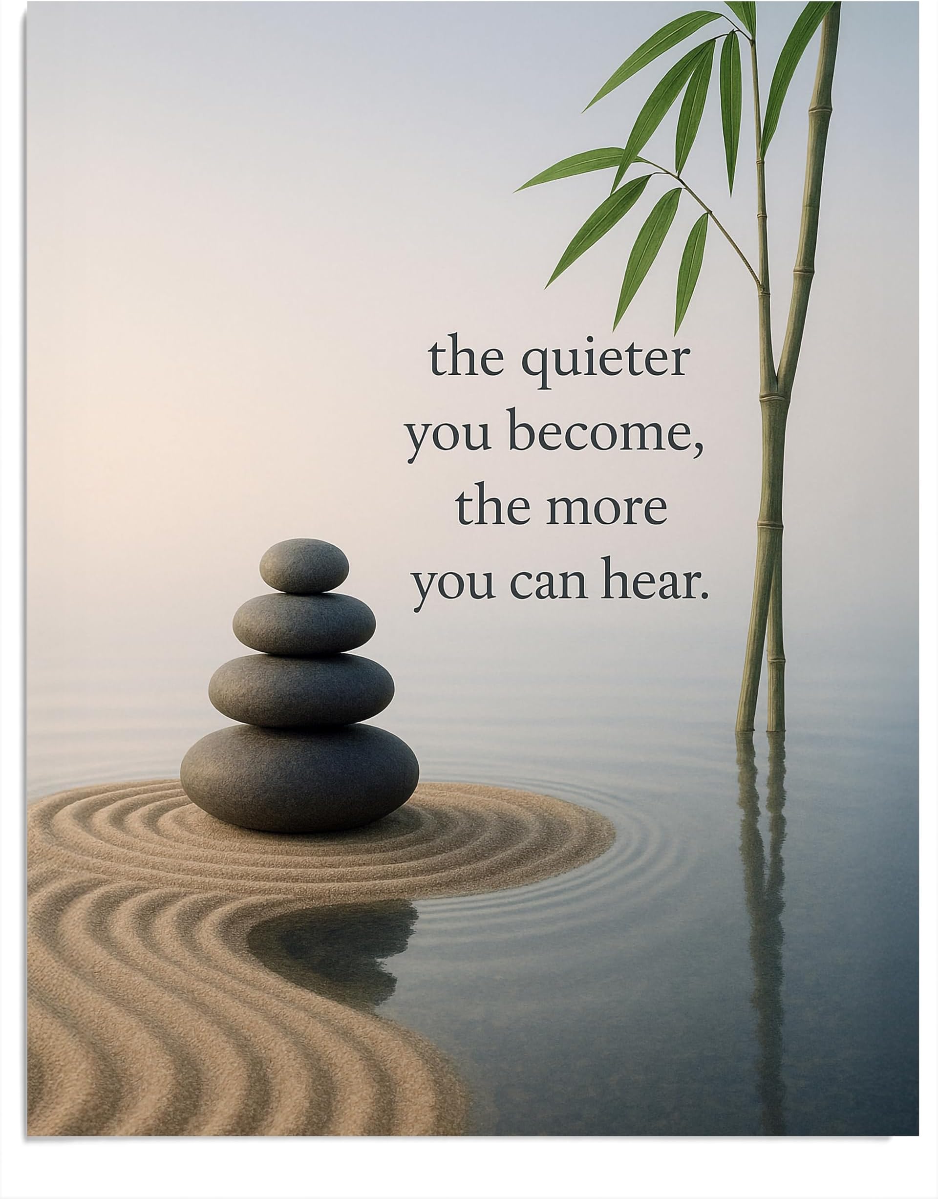 AMERICAN LUXURY GIFTS The Quieter You Become Inspirational Quote Minimalist Zen Stacked Stones Bamboo Wall Art for Meditation Yoga Studio Office Home Decor 11x14 Unframed Print
