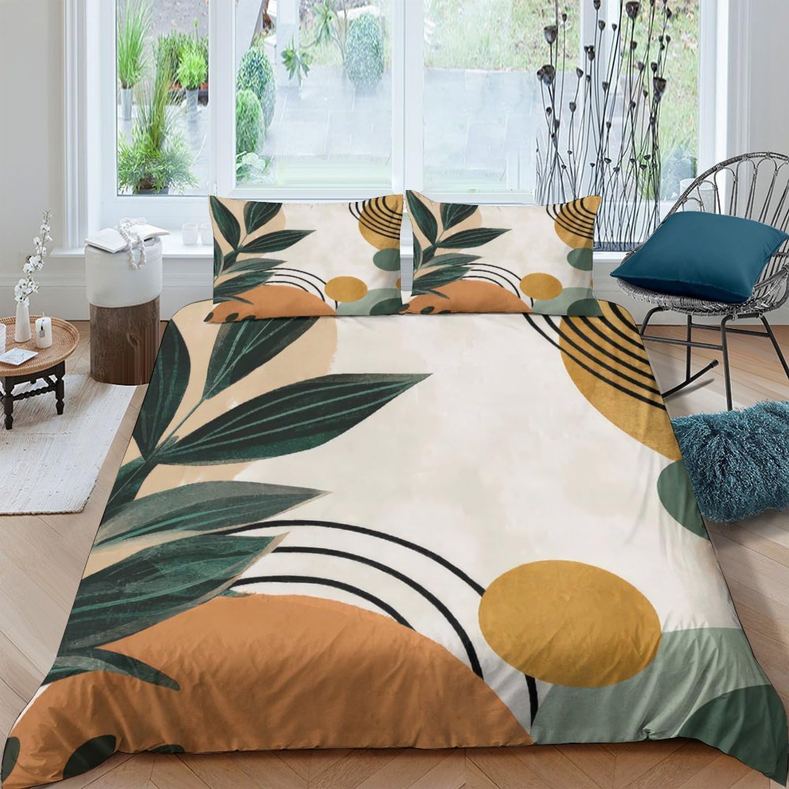 GPLZQXKJNH 3D Printed Abstract Botanical Duvet Cover Microfiber Soft Breathable Geometric Sun Bedding Set with 2 Pillowcases for Bedroom Decor Single（135x200cm）