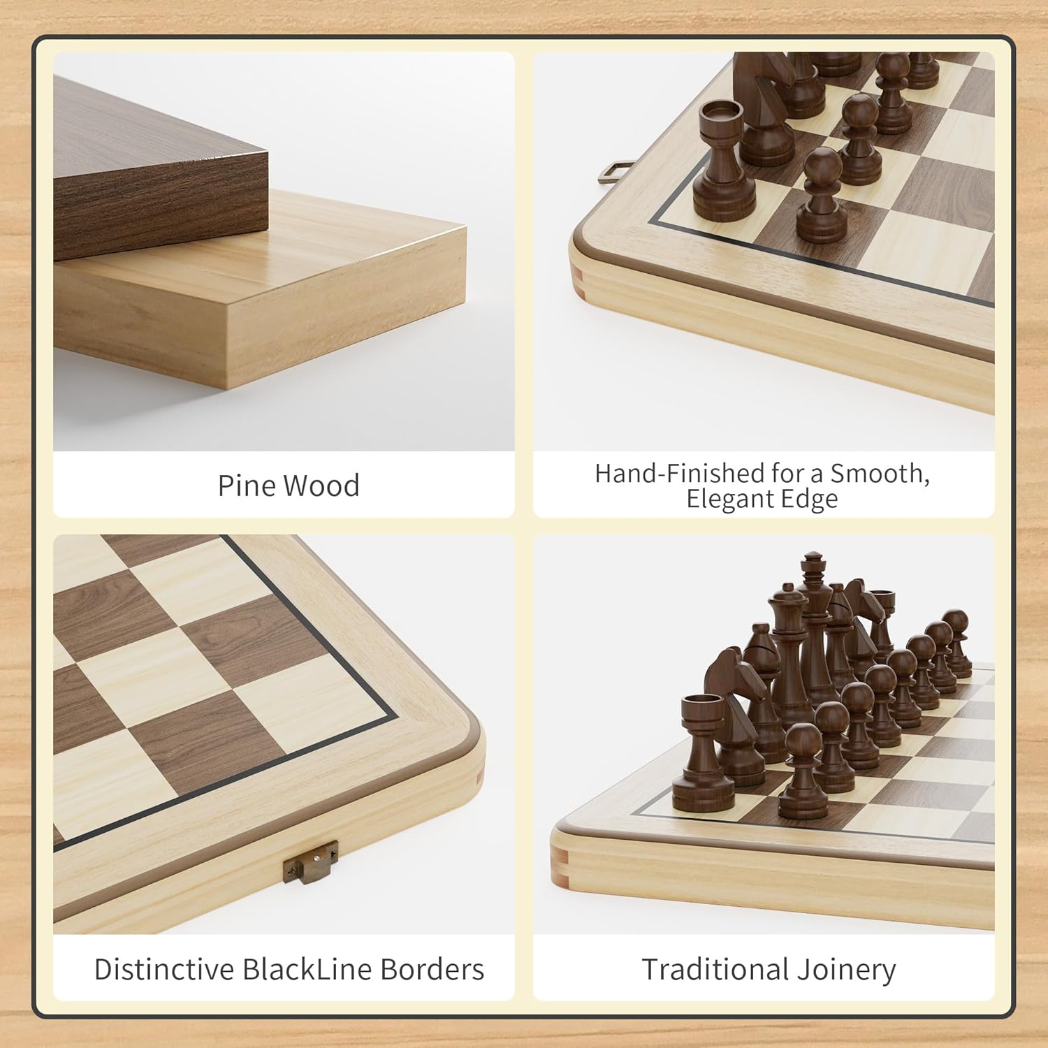15 Inch Magnetic Wooden Chess Set, Pine Wood Folding Chessboard with Brown Dual-Sided Storage Trays, 2 Extra Queens & Dust-Proof Bag, Portable Travel Board Game(Natural)