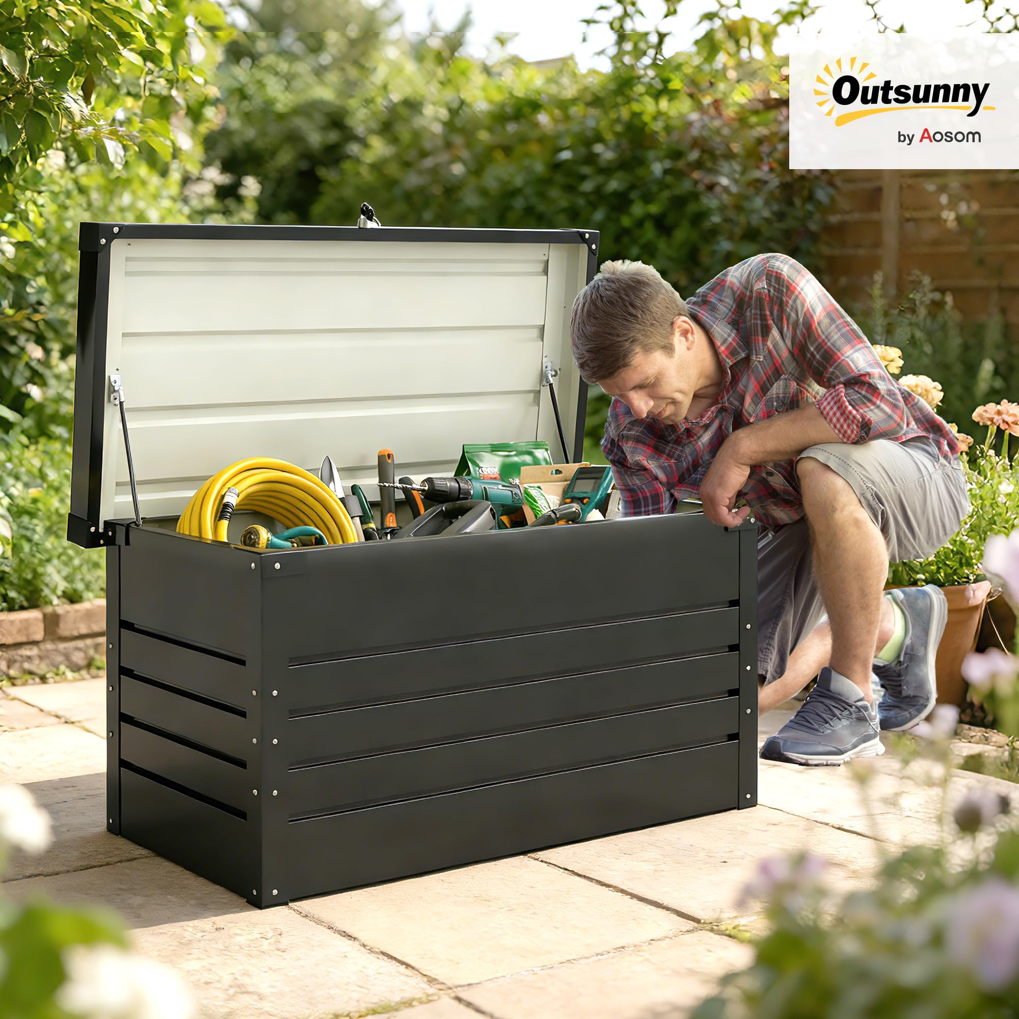 Outsunny Scatola da giardino in metallo 450 l, in acciaio zincato, impermeabile, con doppio cilindro a gas, contenitore con serratura per cuscini, attrezzi e terrazza, colore: grigio antracite