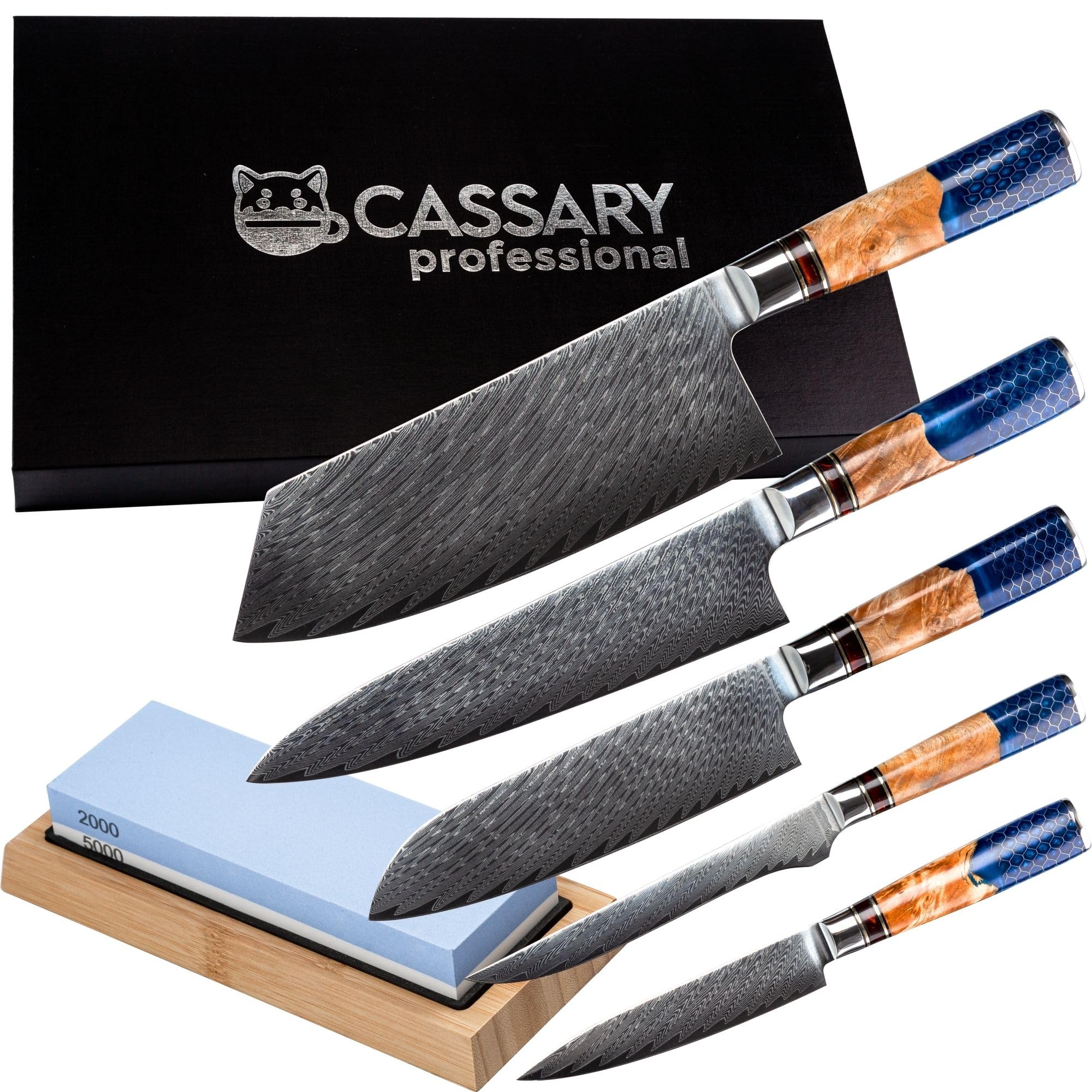 Set de couteaux de cuisine professionnel en acier damas avec pierre à aiguiser Japonaise. Couteau japonais professionnel (pierre a aiguiser japonaise inclus) idéal pour tout chef (5 set)