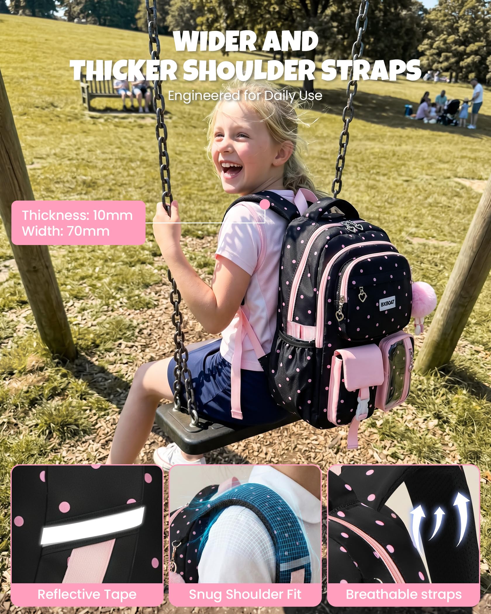 Amythe Schulranzen für Mädchen 1.-6. Klasse, Leichter Kinderrucksack mit Reflektierenden Streifen & Süßem Bommelanhänger, Wasserabweisend Schultasche für Grundschüler 6-12 Jahre, Schwarz und Rosa