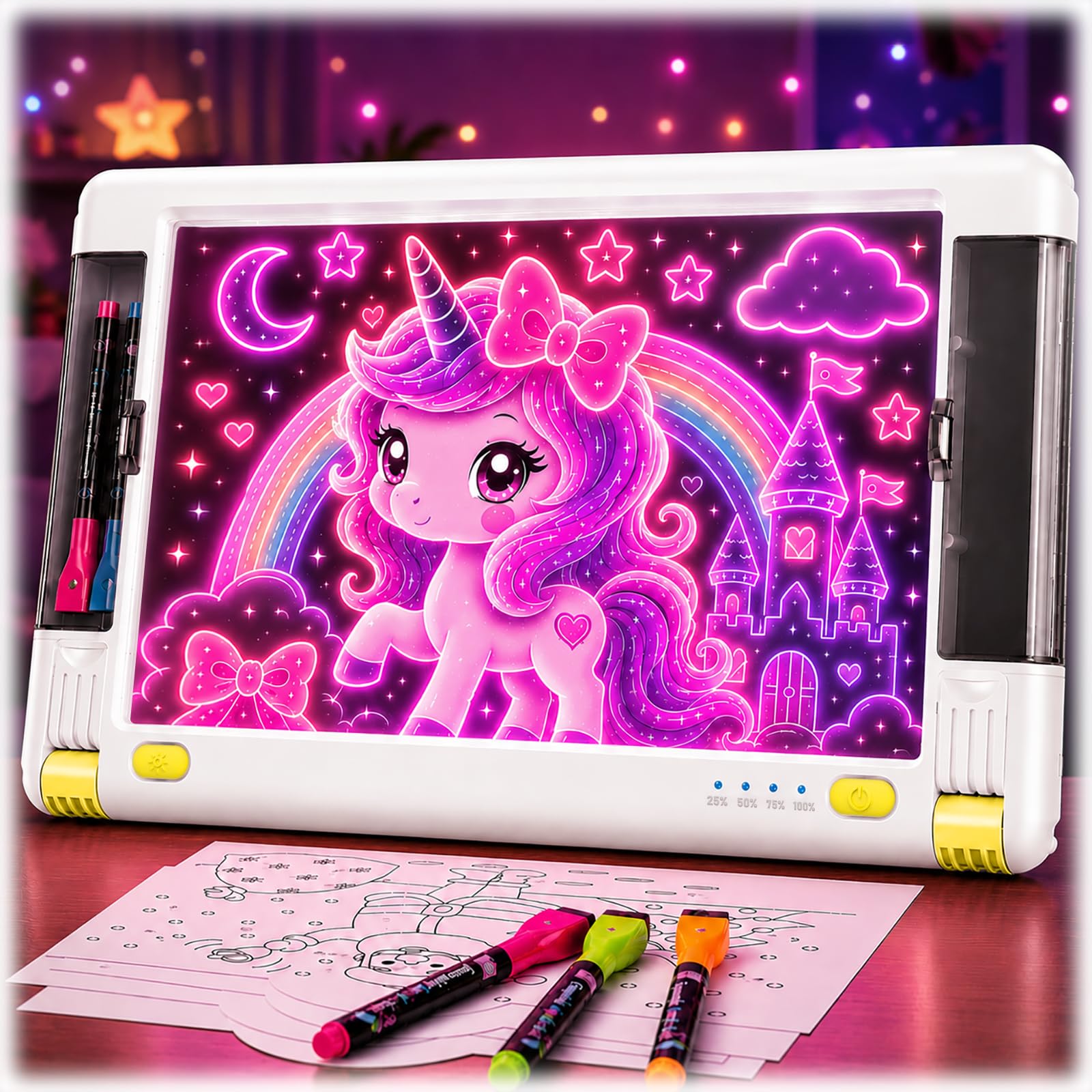 Lavagna Luminosa LED per Disegnare, 33 x 23cm Lavagnetta Ricalcare Ricaricabile con 9 Modalità di Colore, Giocattolo Creativo Regalo per Bambine/Bambini, 7 Pennarelli e Libro di Riferimento - Bianco