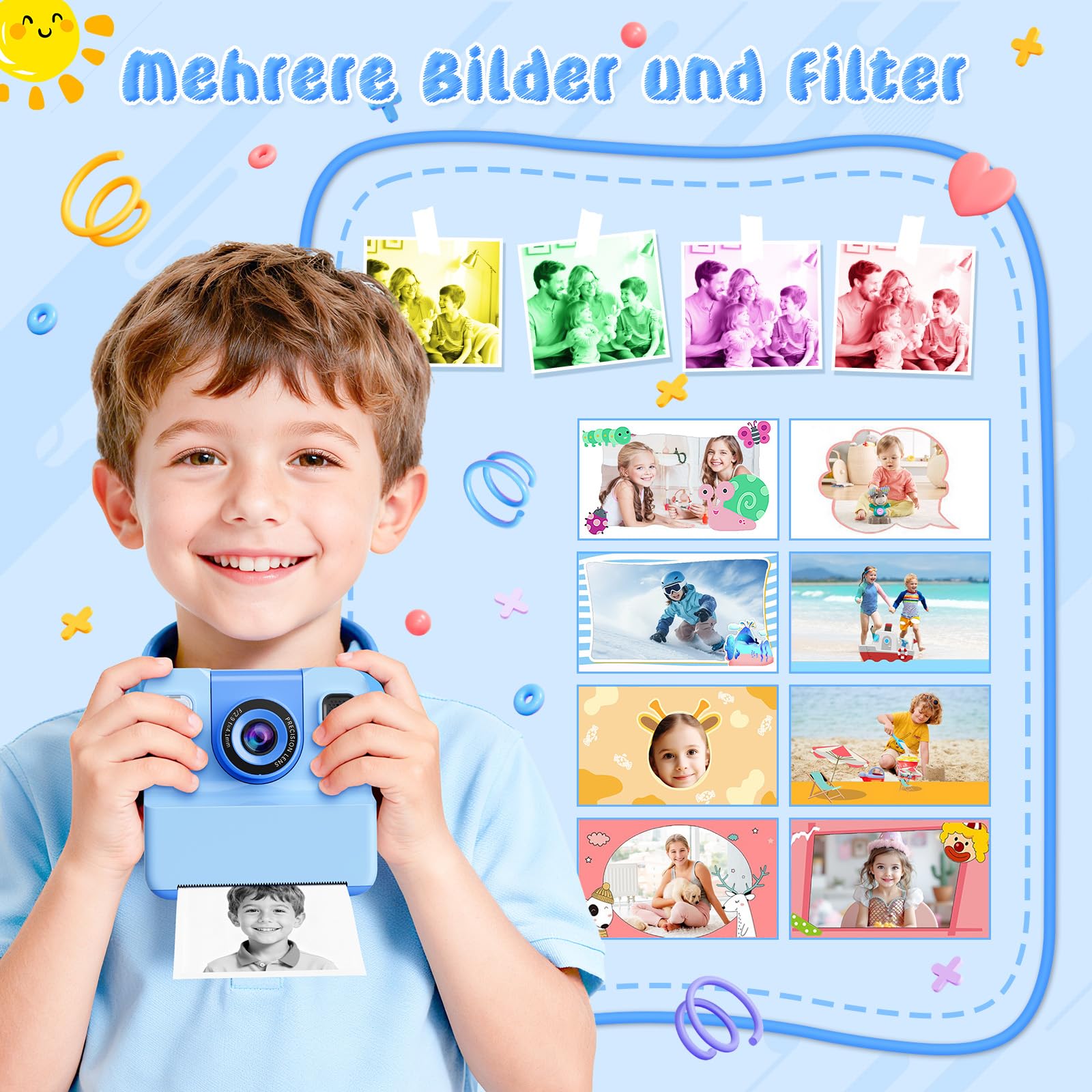 Macchina Fotografica Bambini，2.4" HD 1080P Macchina Fotografica Bambini Istantanea Regalo Bambino 3-10 Anni Maschio Fotocamera Istantanea 32GB Scheda & Papier Photo Regalo Natale (Blu)