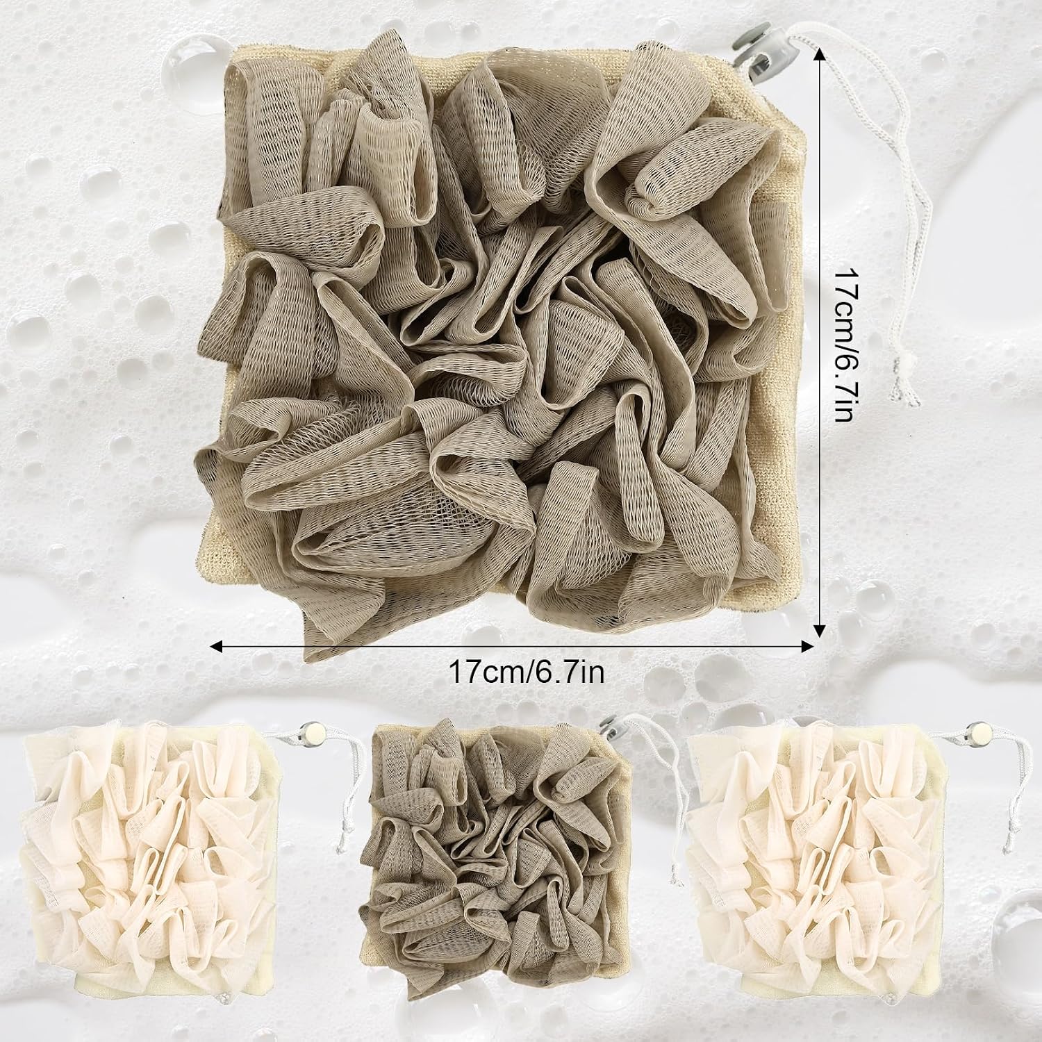 3 Pcs Soap Bar Loofah, 2 in 1 Bar Soap Loofah Pouch Can Hold Soap Effective Exfoliation for Bathing (Beige*2 + Khaki*1) image 2