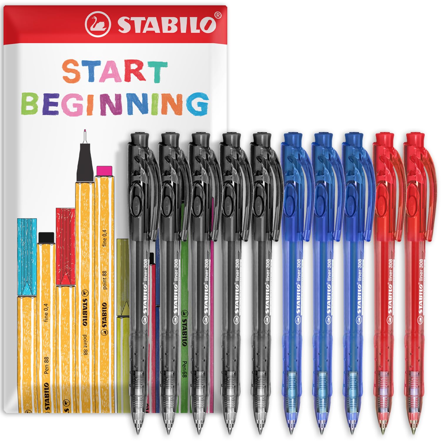 STABILO liner 308 - Retractable Ballpoint Pen - Fine 0.7mm Nib Pens - Envelope Gift Pack of 10 (Black, Blue, Red)